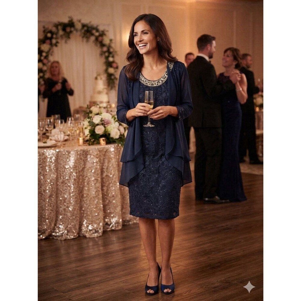 RM Richards Navy Dress 3/4 Shrug 6 Midi Glam Pearl Rhinestone Mother Bride Groom